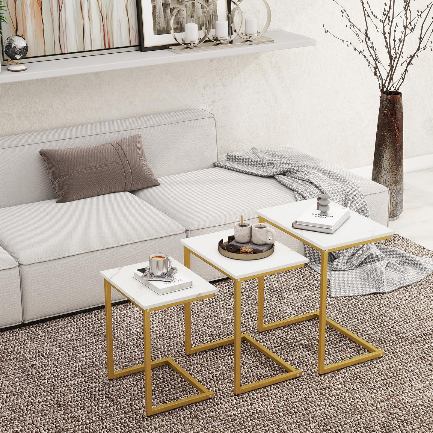 Tangkula Nesting Table Set of 3 Rectangle Stacking Side End Table with Wood Top & Metal Legs