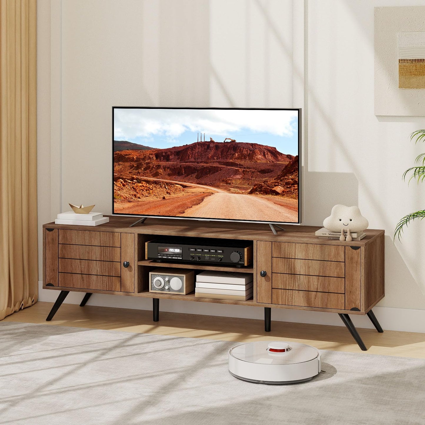 Tangkula 59” Long Media TV Stand with Cable Hole for Living Room