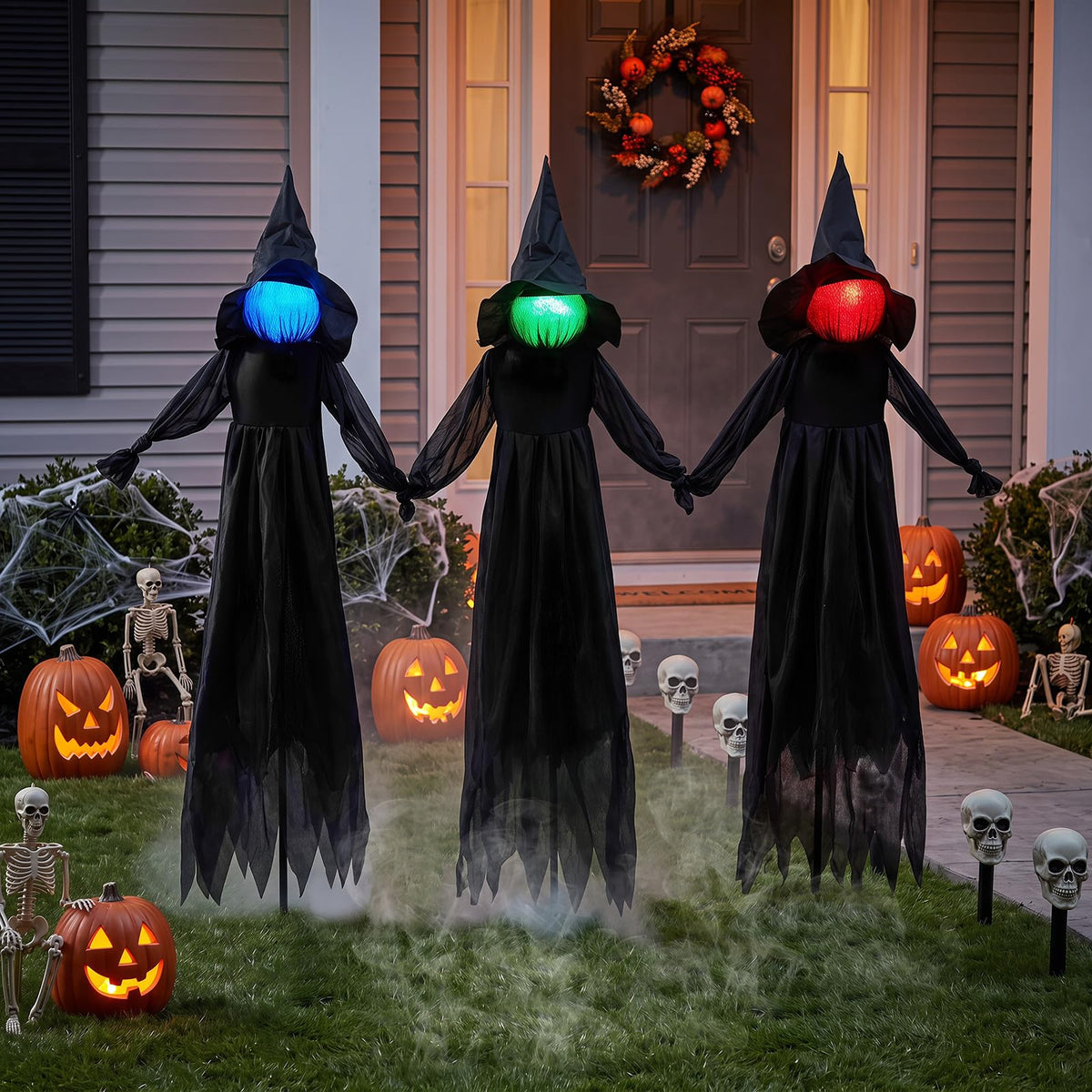 Tangkula 9.3 FT Outdoor Halloween Decoration Light Up Witch Stakes Set of 3