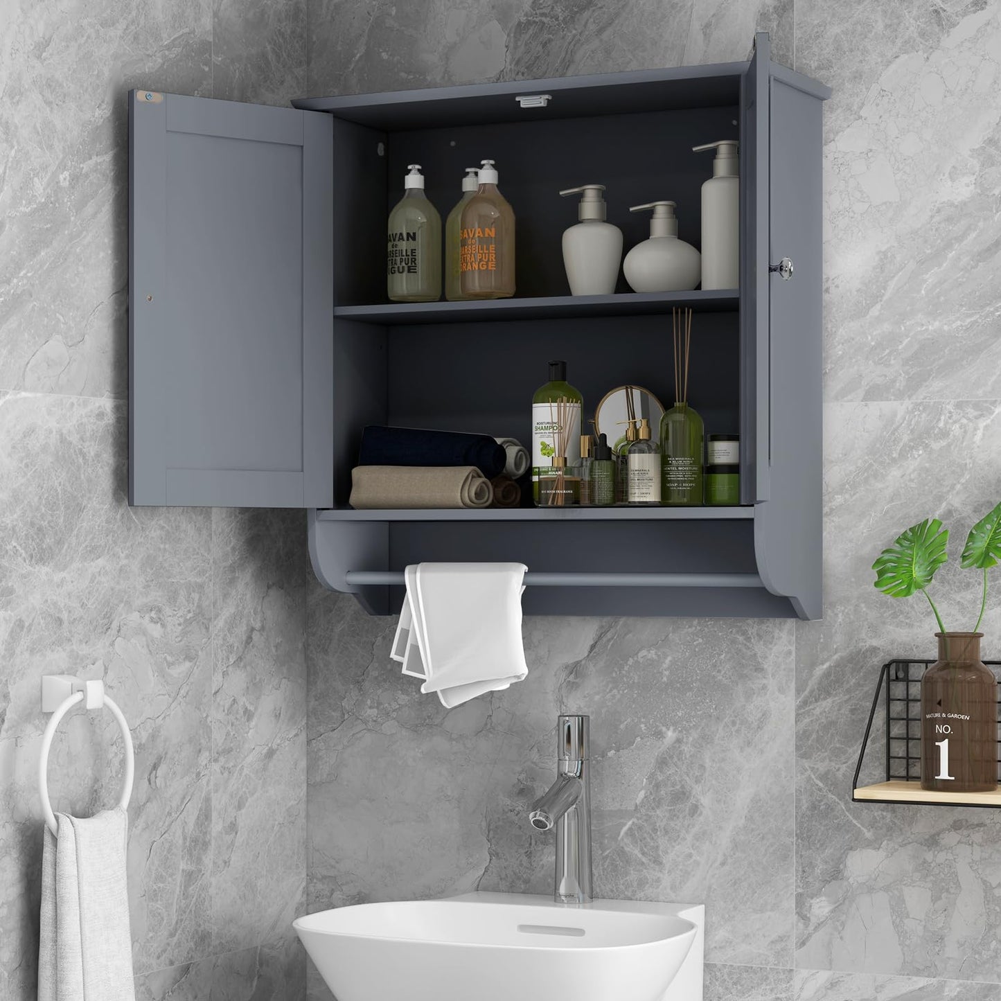 Tangkula Bathroom Cabinet Wall Mounted, Bathroom Medicine Cabinet with Towel Bar & Double Door & Adjustable Shelf