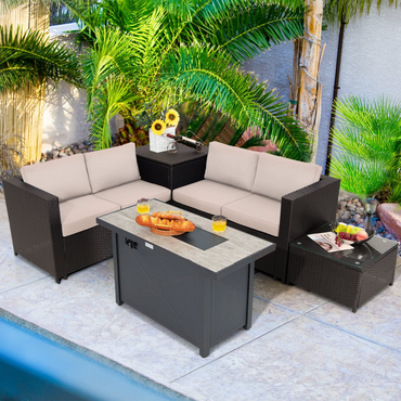 Tangkula 5-Piece Patio Furniture Set with 42 Inches Propane Fire Pit Table, Outdoor Wicker Conversation Set with Cushions