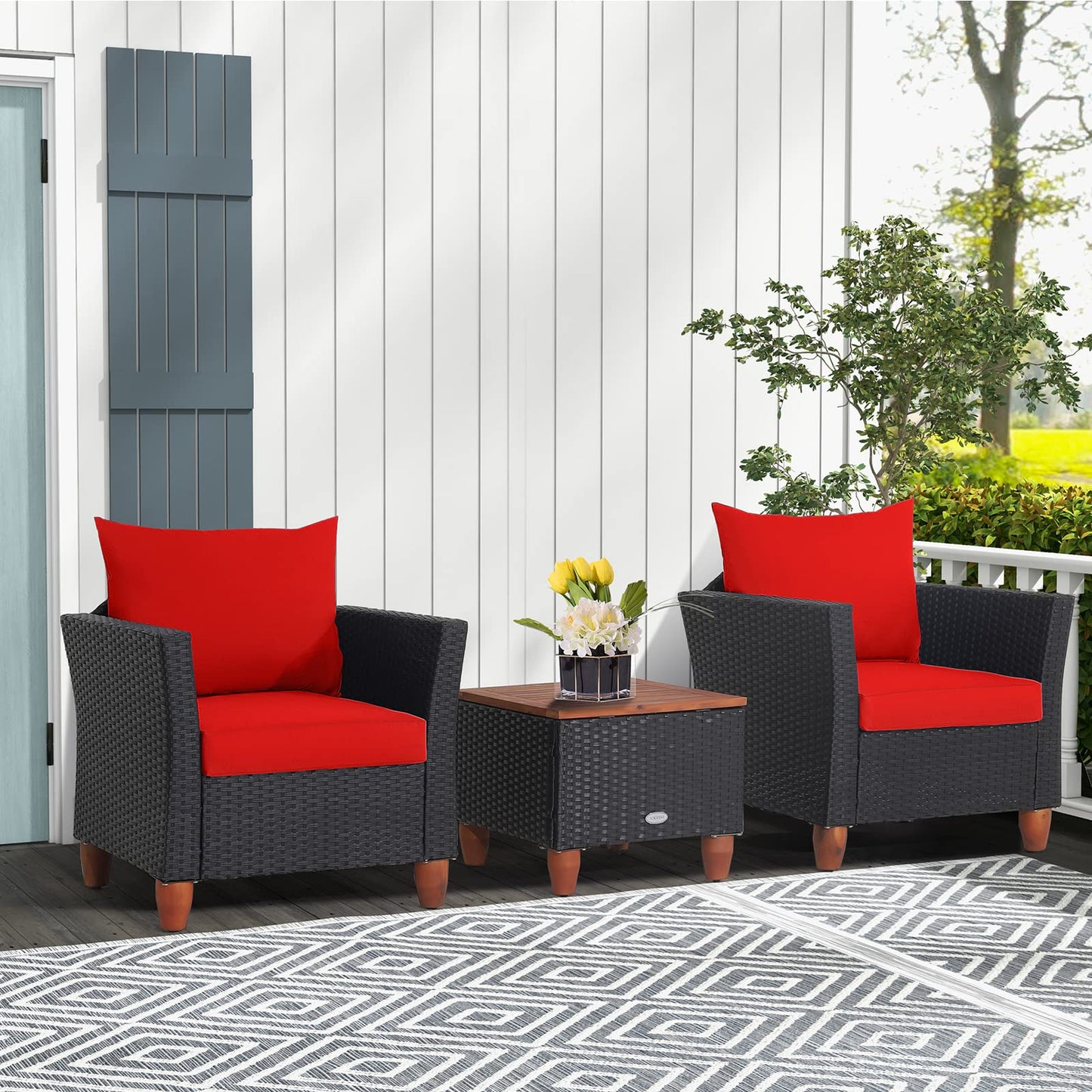 Tangkula 3 Pieces Patio Porch Furniture Set, PE Rattan Wicker Chair Conversation Set with Cushions and Storage Table