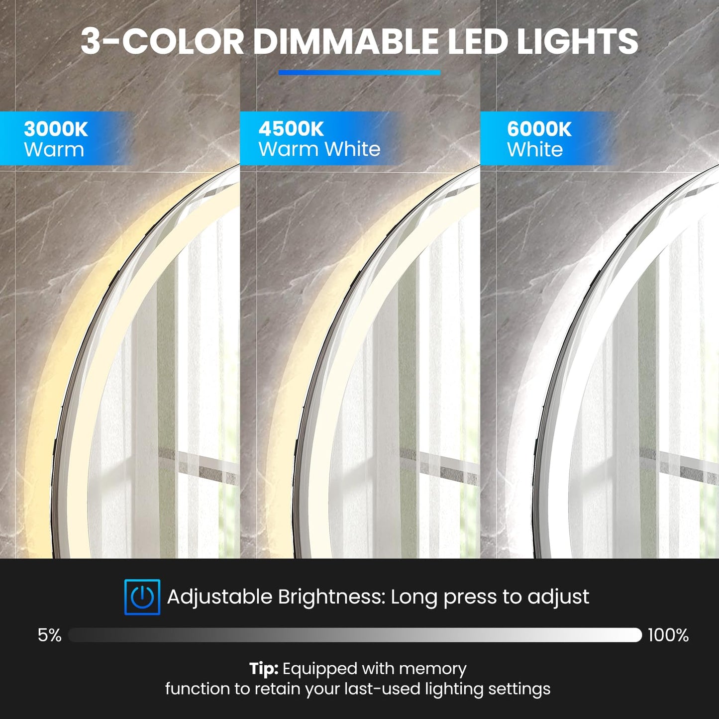 Tangkula LED Bathroom Mirror, Wall Mounted Round Mirror w/ 3-Color Dimmable Lights