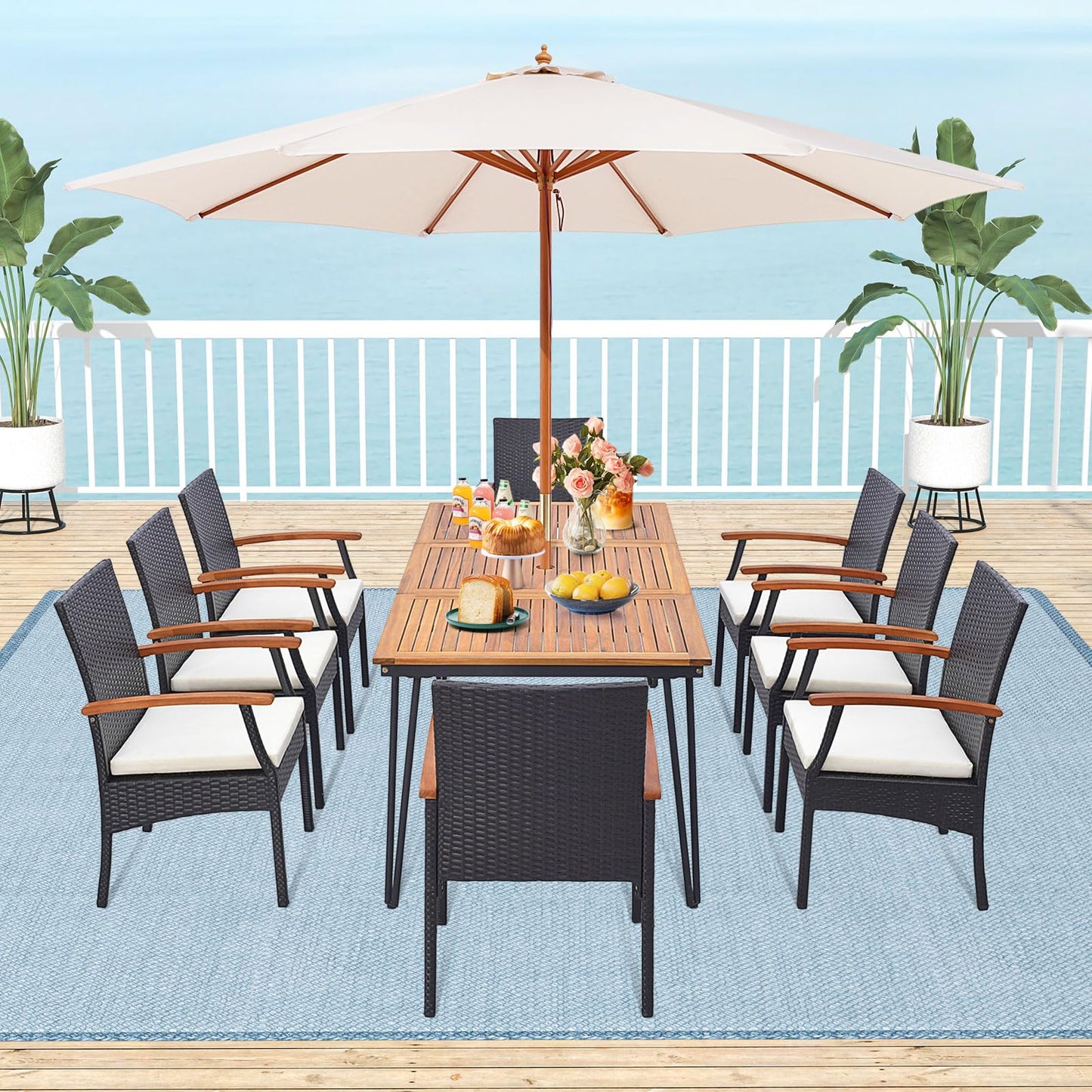 Tangkula Salon de jardin en rotin pour 8 personnes, table en bois d'acacia