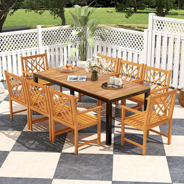 Tangkula 9 Piece Outdoor Dining Set with Umbrella Hole & Heavy-Duty Metal Frame and 8 Acacia Wood Armchairs