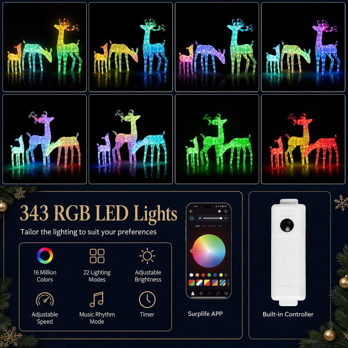 Tangkula 3-Piece RGB Lighted Christmas Deer Family Set with APP Control