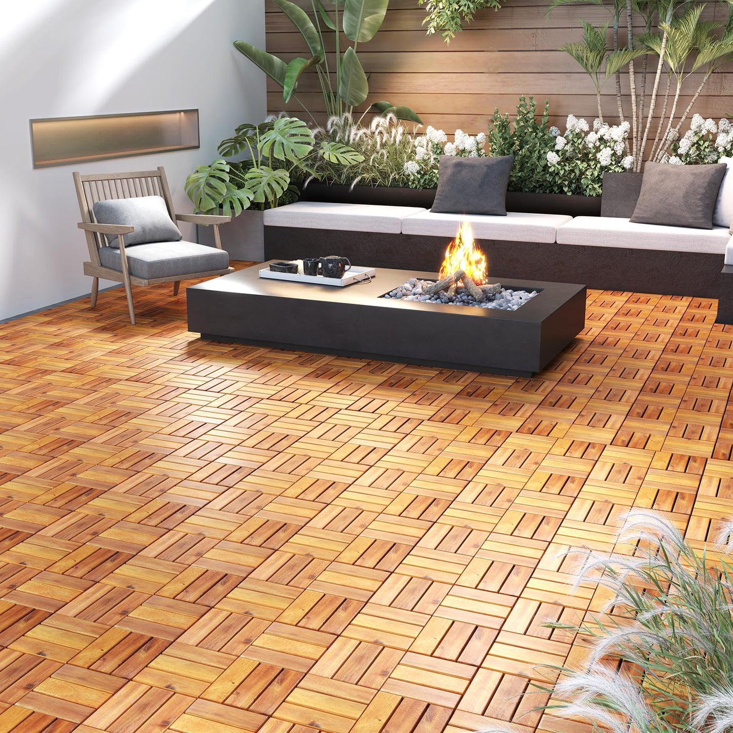 Tangkula 27 PCS Acacia Wood Interlocking Patio Deck Tiles, 12" x 12" Water-Resistant Indoor Outdoor Flooring