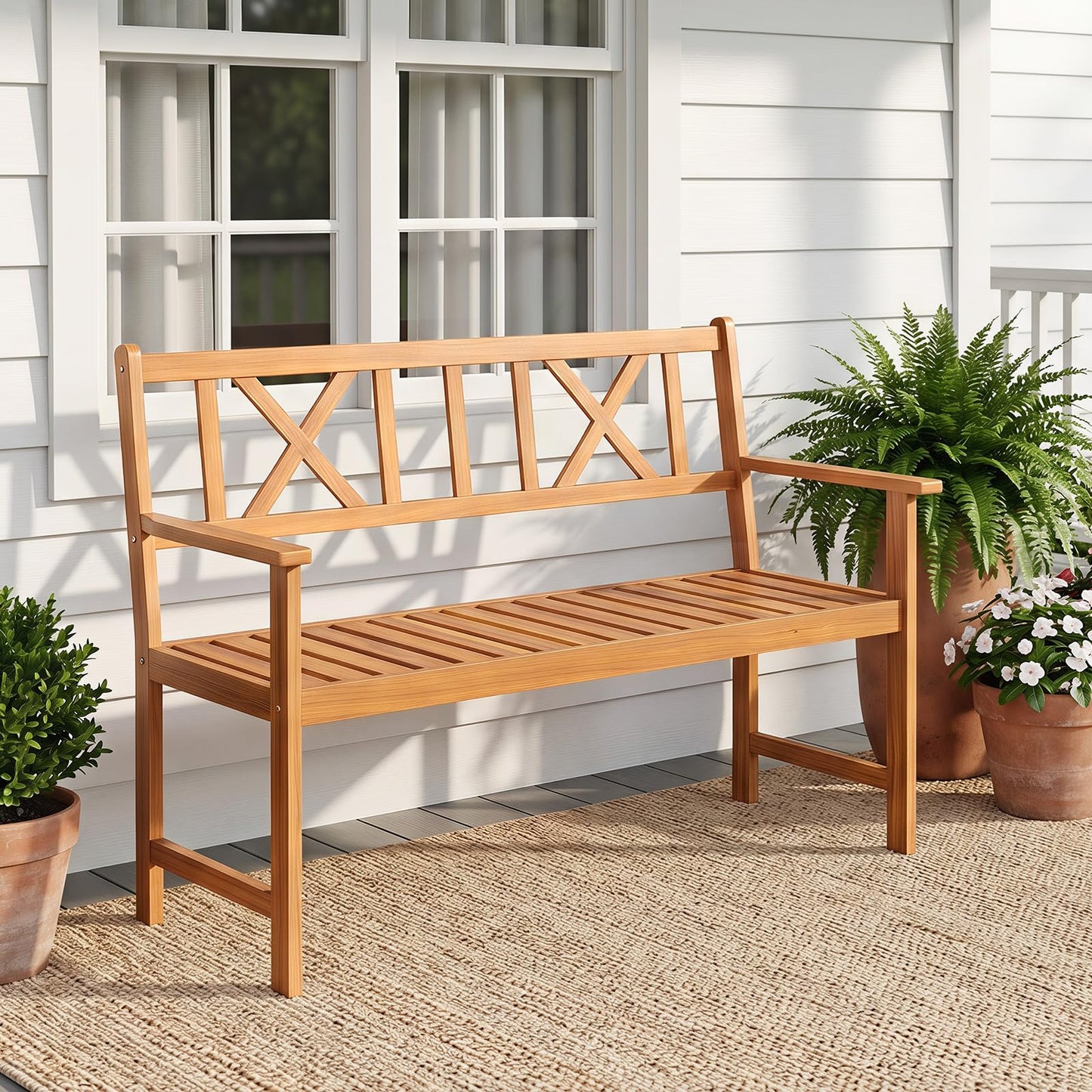 Tangkula 2-Person Acacia Wood Outdoor Garden Bench with Cushion(Without seat cushion)