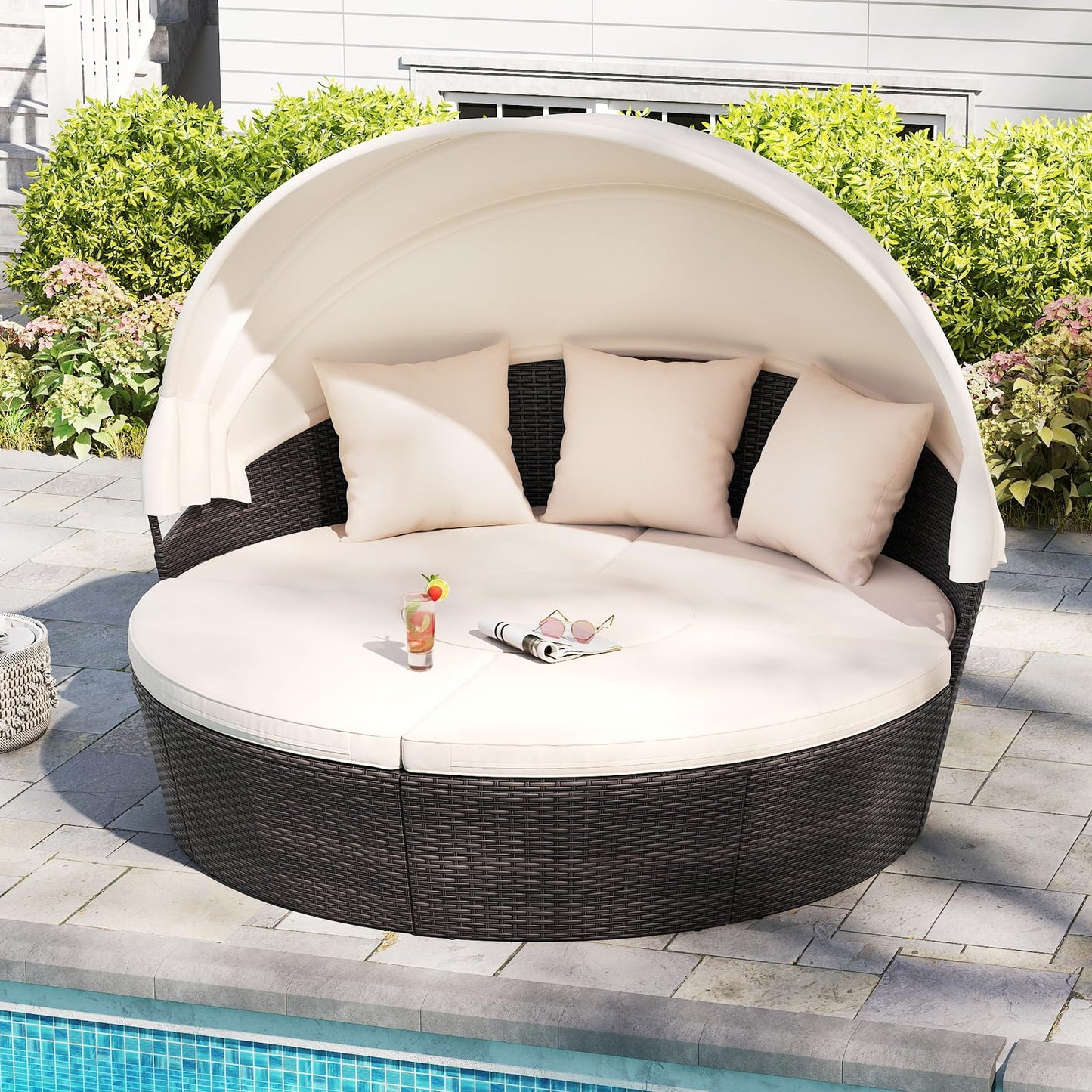Tangkula Patio Round Daybed with Retractable Canopy Center Table & Throw Pillows
