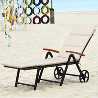 Tangkula Foldable Outdoor Chaise Lounger, Wicker Lounger Chair with Aluminum Black Frame, Wheels for Easy Moving