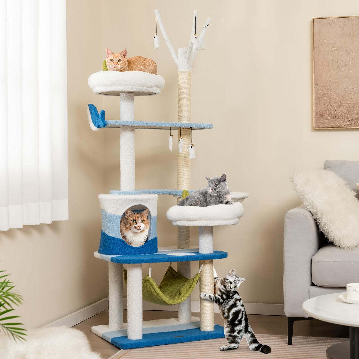 Tangkula Ocean-Themed Cat Tree, Multi-Level Cat Tower with Sisal Scratching Posts, 65"