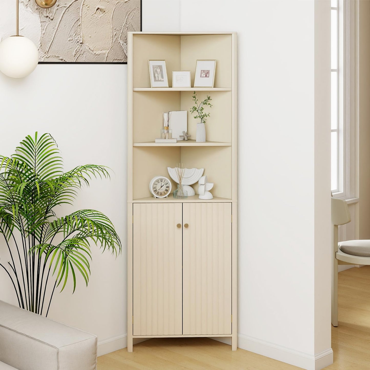 Tangkula Armoire d'angle haute de 173 cm avec 5 étagères et 2 portes cannelées