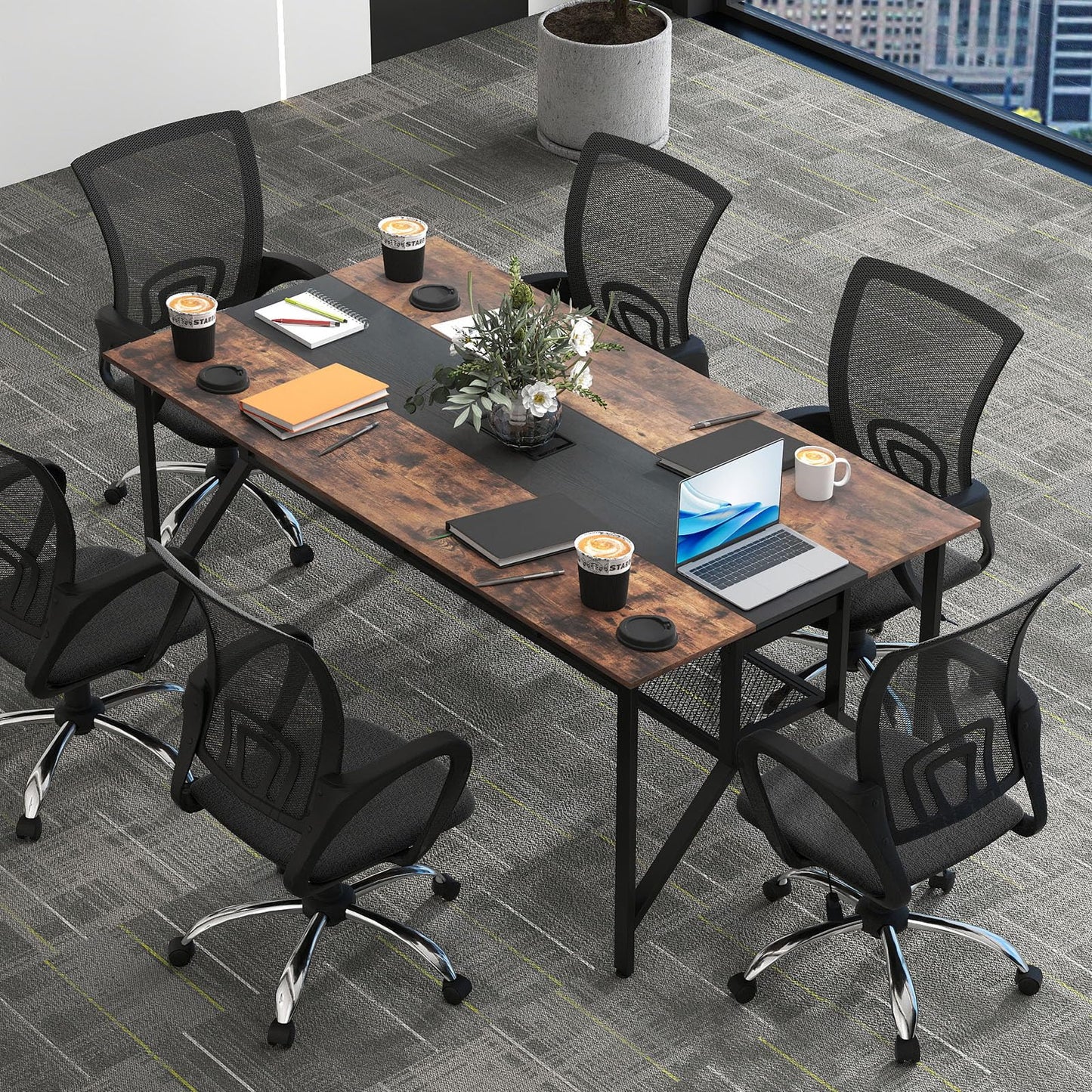 Tangkula 6 FT Rectangular Conference Table with Mesh Storage Shelf & Cable Grommet