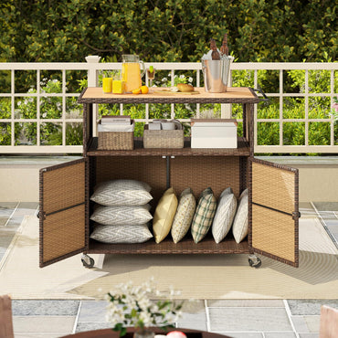 Tangkula Rattan Outdoor Storage Cabinet with Acacia Wood Countertop