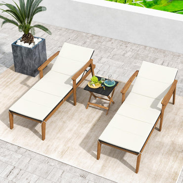 Tangkula 3 Piece Outdoor Chaise Lounge Chair Set, 2 Rattan Cushioned Patio Chaise w/Folding Coffee Table