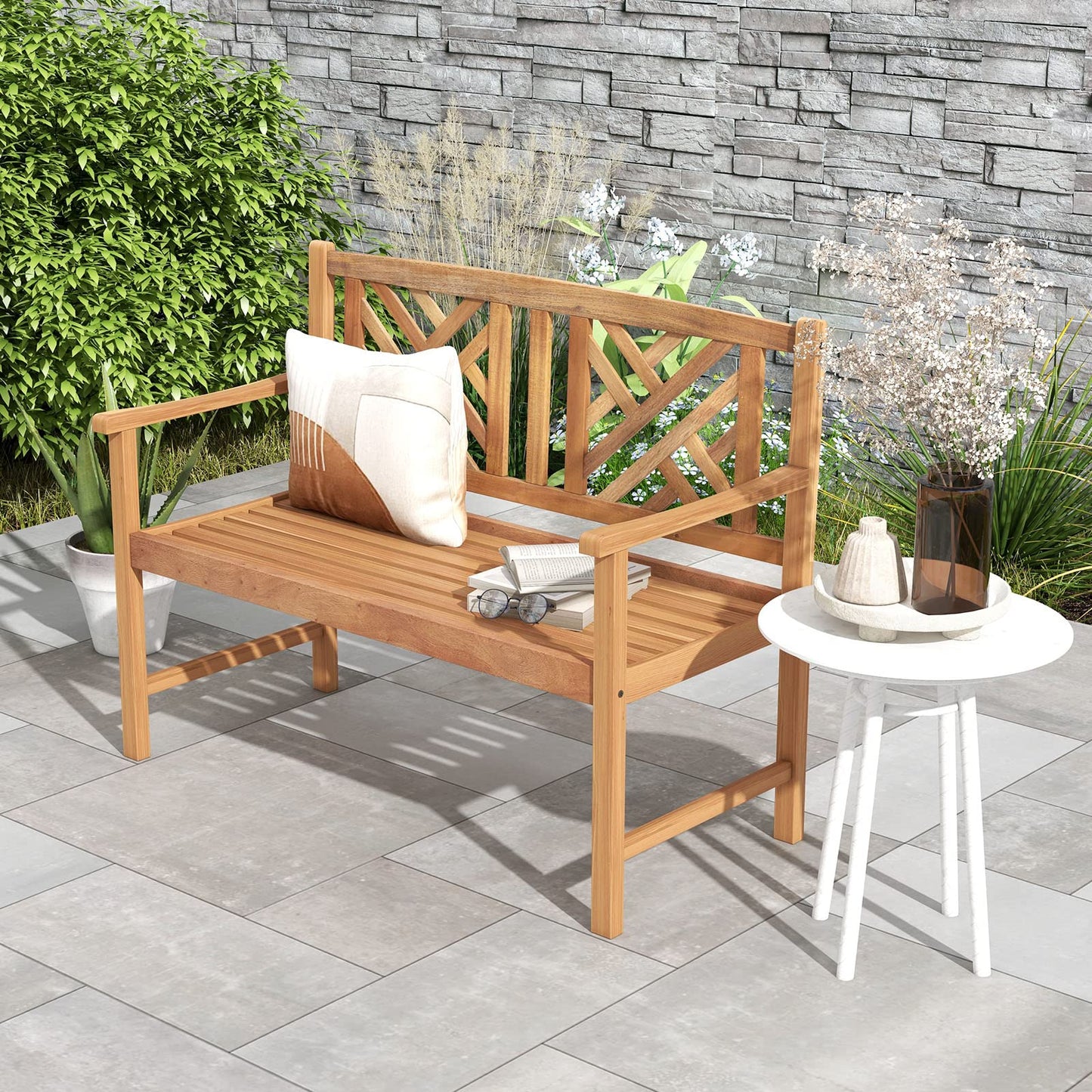 Tangkula Patio Acacia Wood Bench, 2-Person Outdoor Loveseat Chair