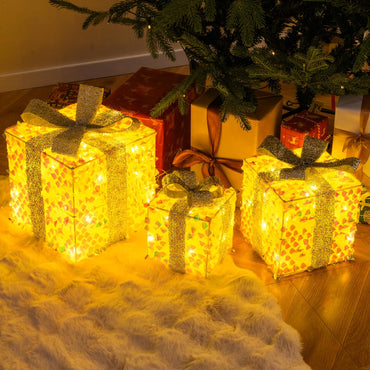 Tangkula Set of 3 Christmas Lighted Gift Boxes, Pre-lit 90 LED Light Up Present Box Decorations with Bows and Plug