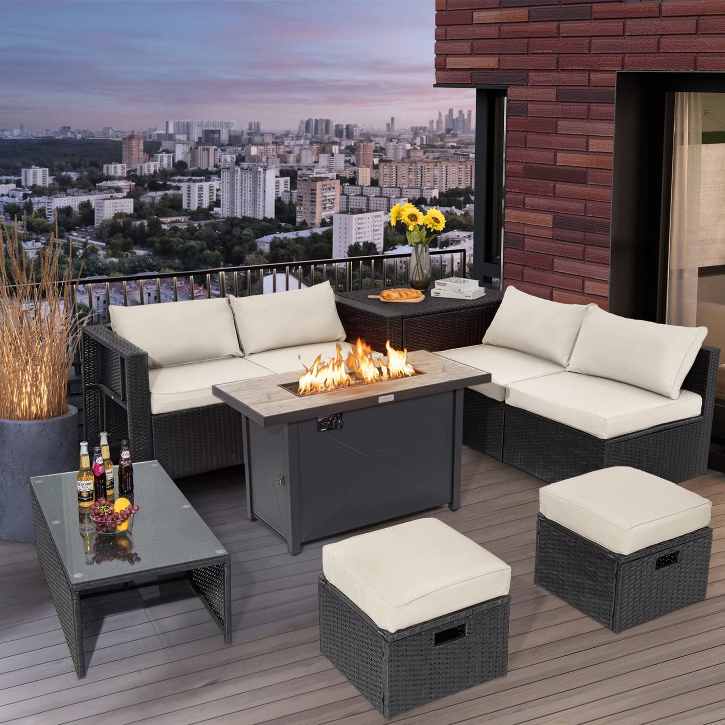 Tangkula 9 Pieces Outdoor Wicker Sectional Sofa with 42" 60,000 BTU Gas Fire Pit Table