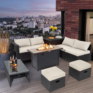 Tangkula 9 Pieces Outdoor Wicker Sectional Sofa with 42" 60,000 BTU Gas Fire Pit Table