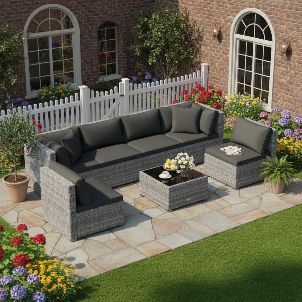 Tangkula 7 Pieces Wicker Sectional Patio Furniture Set | PE Rattan Sofas with Tempered Glass Coffee Table