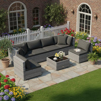 Tangkula 7 Pieces Wicker Sectional Patio Furniture Set | PE Rattan Sofas with Tempered Glass Coffee Table