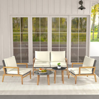 Tangkula 5 Piece Rattan Furniture Set, Patiojoy Wicker Sofa Set with Solid Acacia Wood Frame & 2 Tempered Glass Coffee Tables