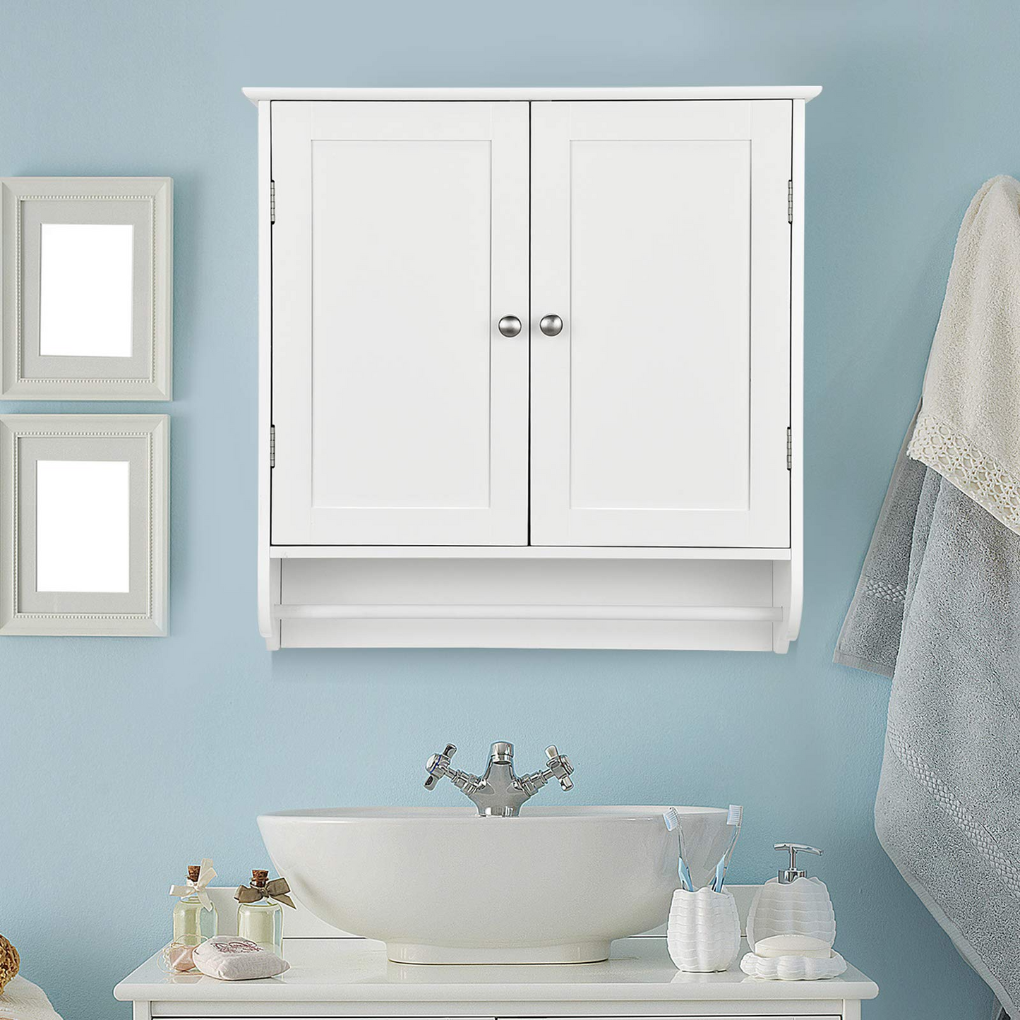 Tangkula Bathroom Cabinet Wall Mounted, Bathroom Medicine Cabinet with Towel Bar & Double Door & Adjustable Shelf
