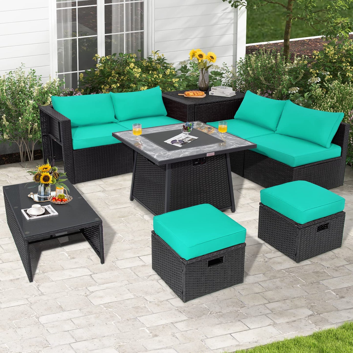 Tangkula 9 Pieces Outdoor PE Rattan Sectional Sofa with 35-Inch Gas Fire Pit Table