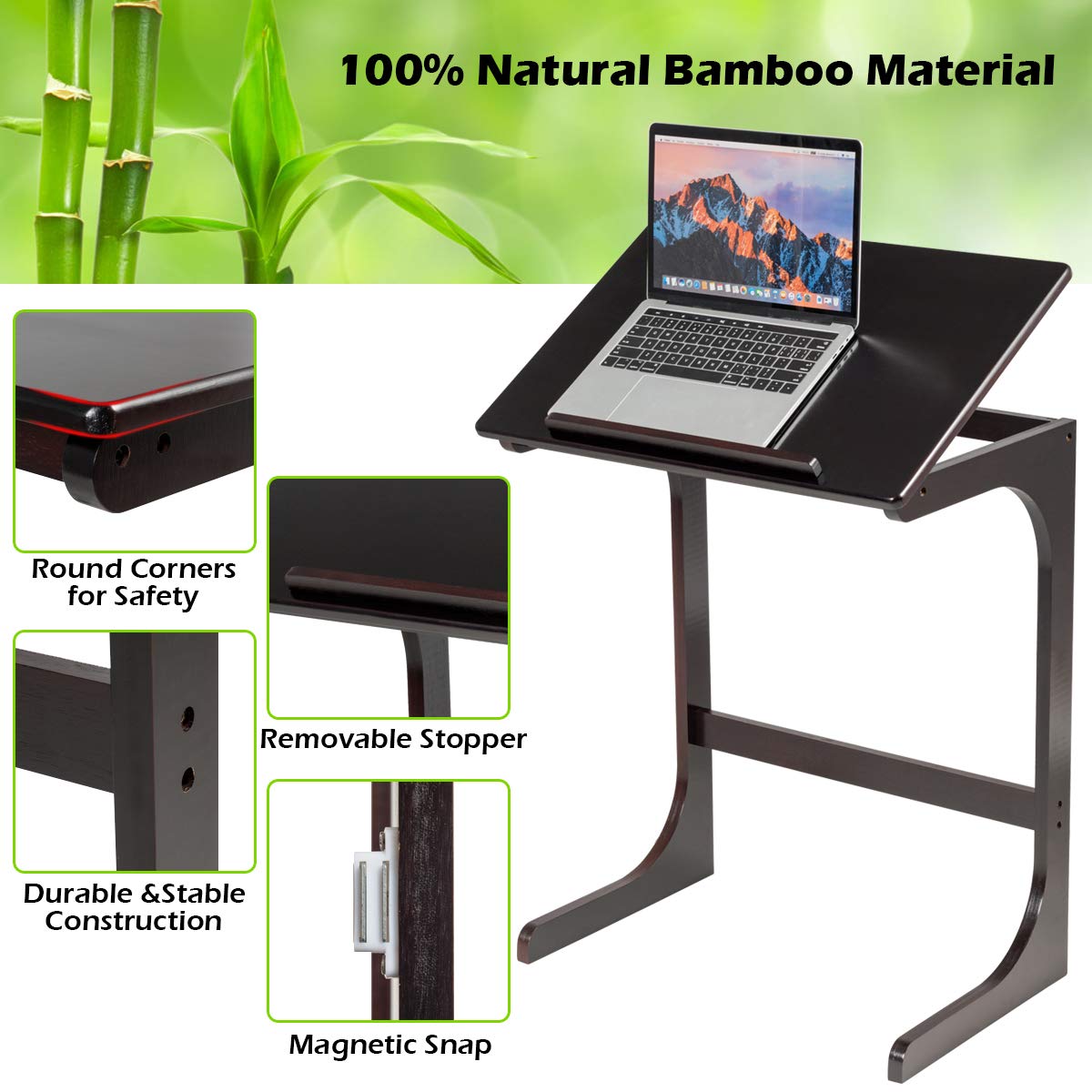 Bamboo TV Tray Sofa Side Table, 7 Angles Adjustable Couch Table