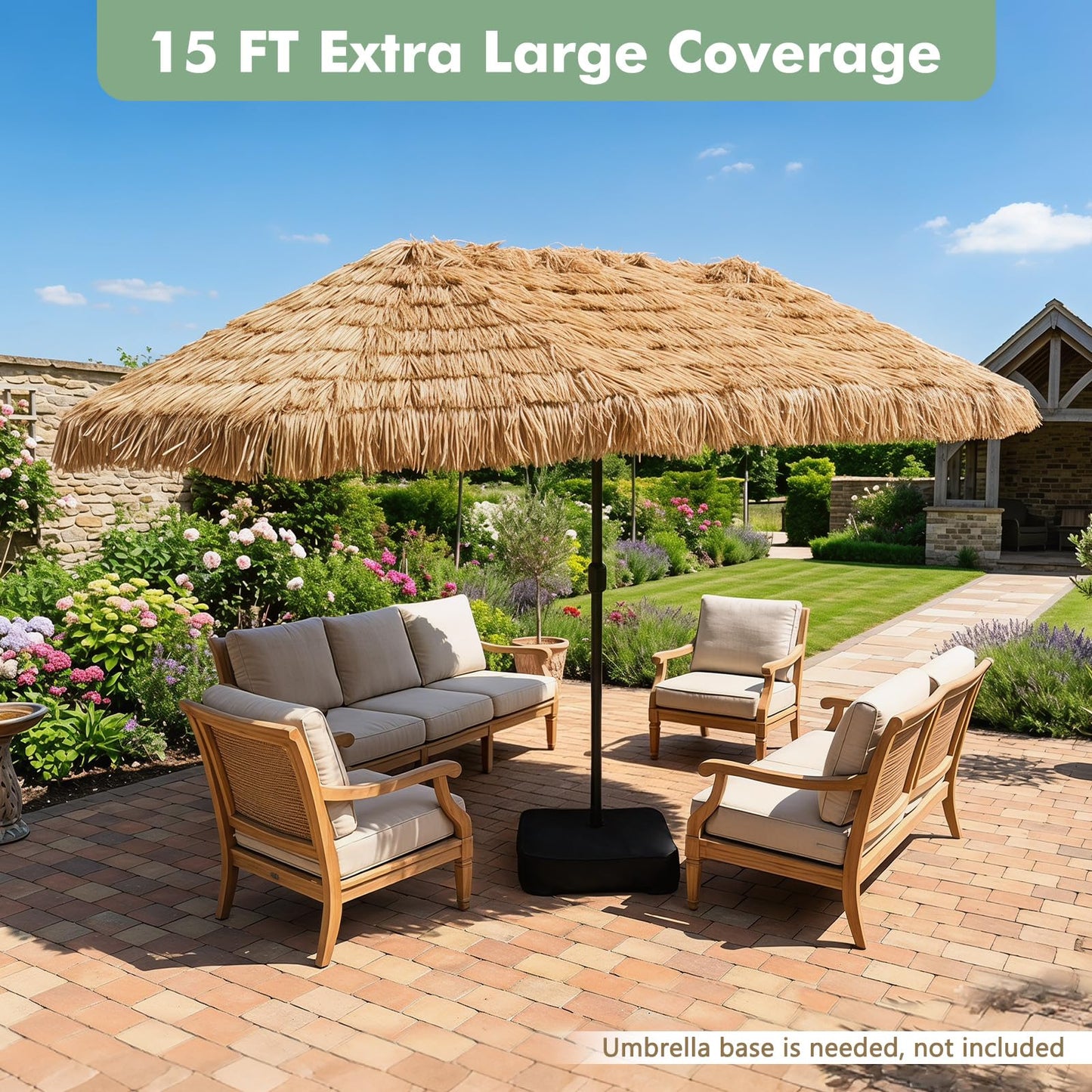 Tangkula 15 FT Tiki Patio Umbrella | Thatched PE Grass