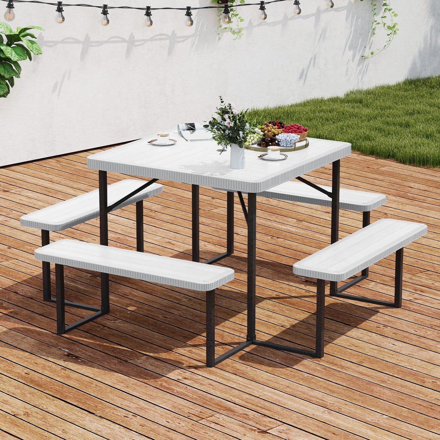 Tangkula 8 Person Picnic Table HDPE Outdoor Square Table and Bench Set