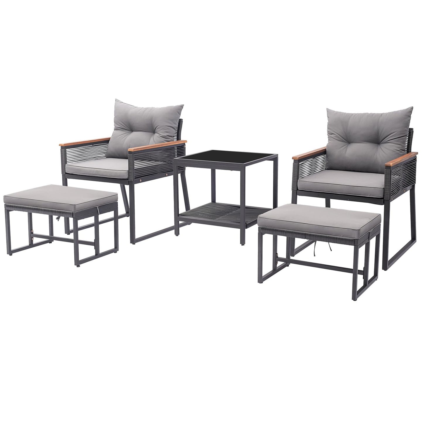 Tangkula 5 Piece Outdoor Conversation Set, Rattan Armchairs w/ 2-Layer Side Table & 2 Ottomans