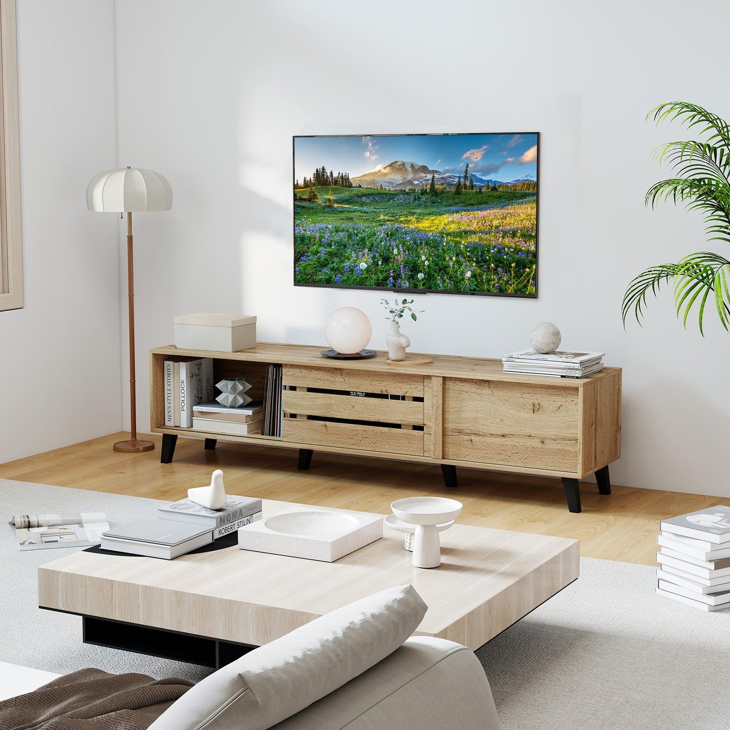 Tangkula Mid Century Modern TV Stand with Sliding Doors for 65” TVs
