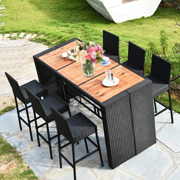 Tangkula 7 PCS Outdoor Wicker Furniture with Acacia Wood Bar Table Top and Removable Cushion