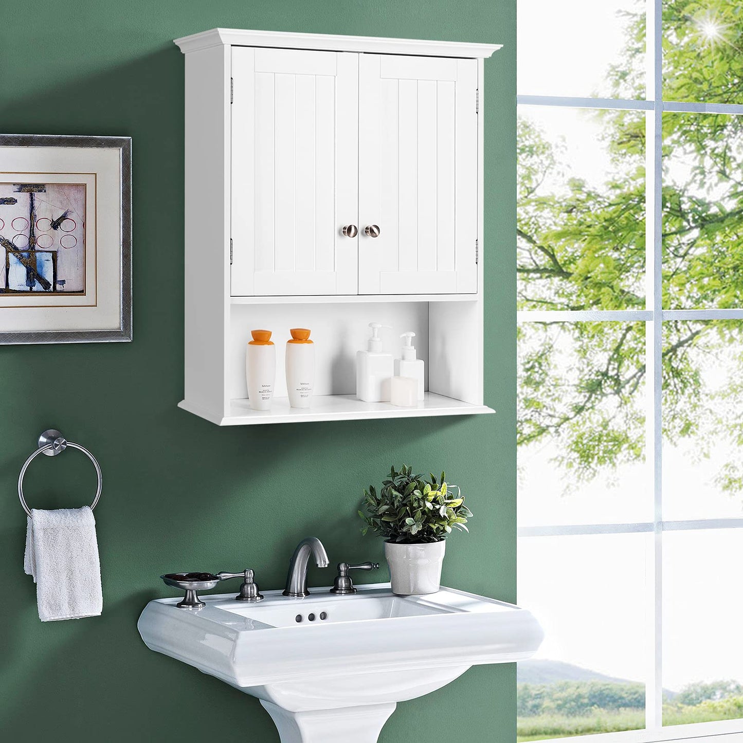 Tangkula Bathroom Wall Cabinet, Wooden Hanging Storage Cabinet with Doors & Shelves