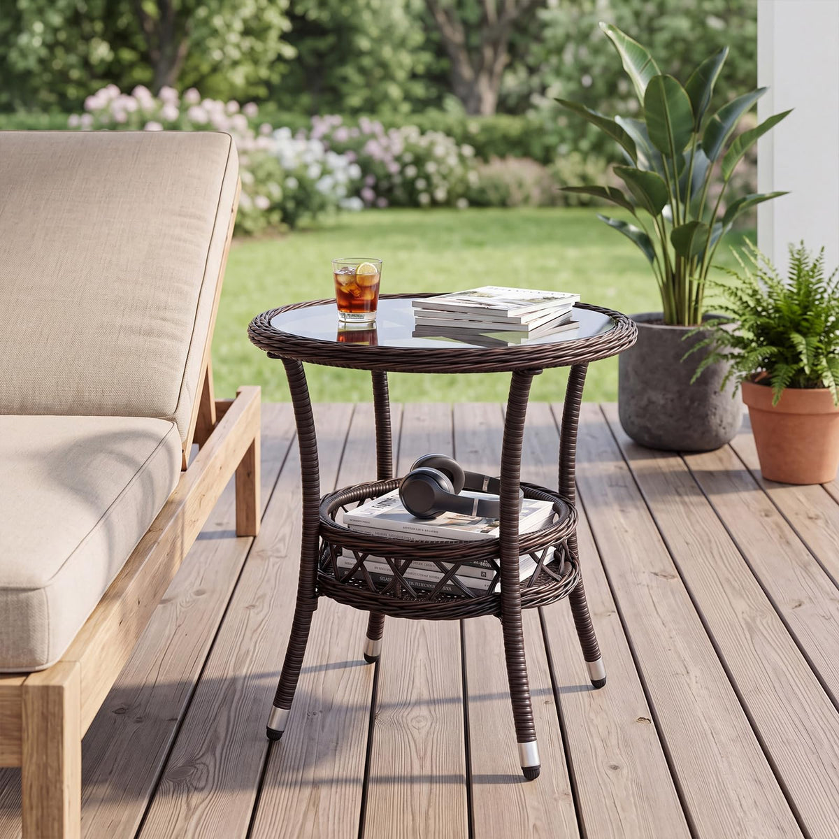 Tangkula Outdoor Rattan Side Table with Tempered Glass Top