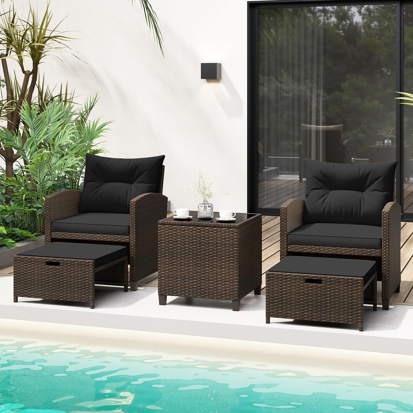 Tangkula 5 Piece Patio Rattan Furniture, Wicker Cushioned Chairs Set w/ 2 Ottomans & Tempered Glass Coffee Table