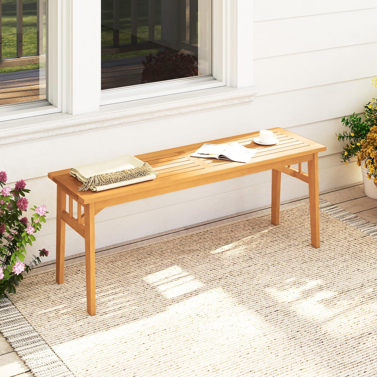 Tangkula 48” Long Patio Dining Bench with Slatted Seat