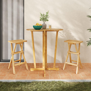 Tangkula Outdoor Bar Stools Set, No Assembly Foldable Teak Wood Bar Height Stool with Countered Seat & Footrest