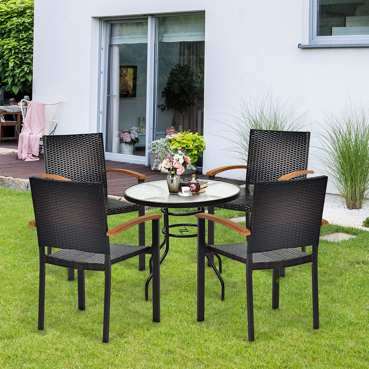 Tangkula 2 Pieces Stackable Patio Rattan Chair, Outdoor PE Wicker Dining Armchair W/Galvanized Steel Frame, Acacia-Topped Armrests