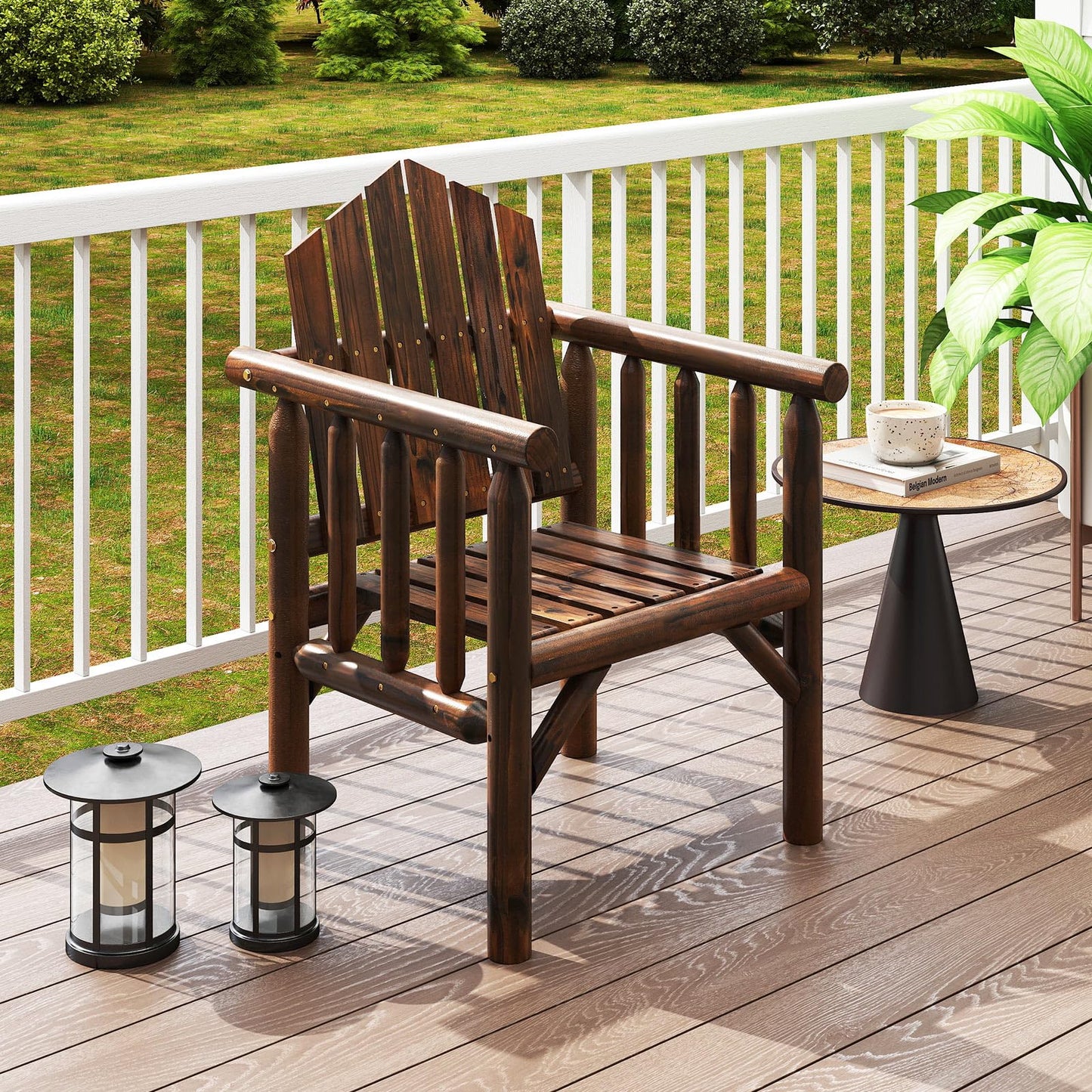 Tangkula Outdoor Wood Armchair Wooden Patio Dining Chair with Armrests