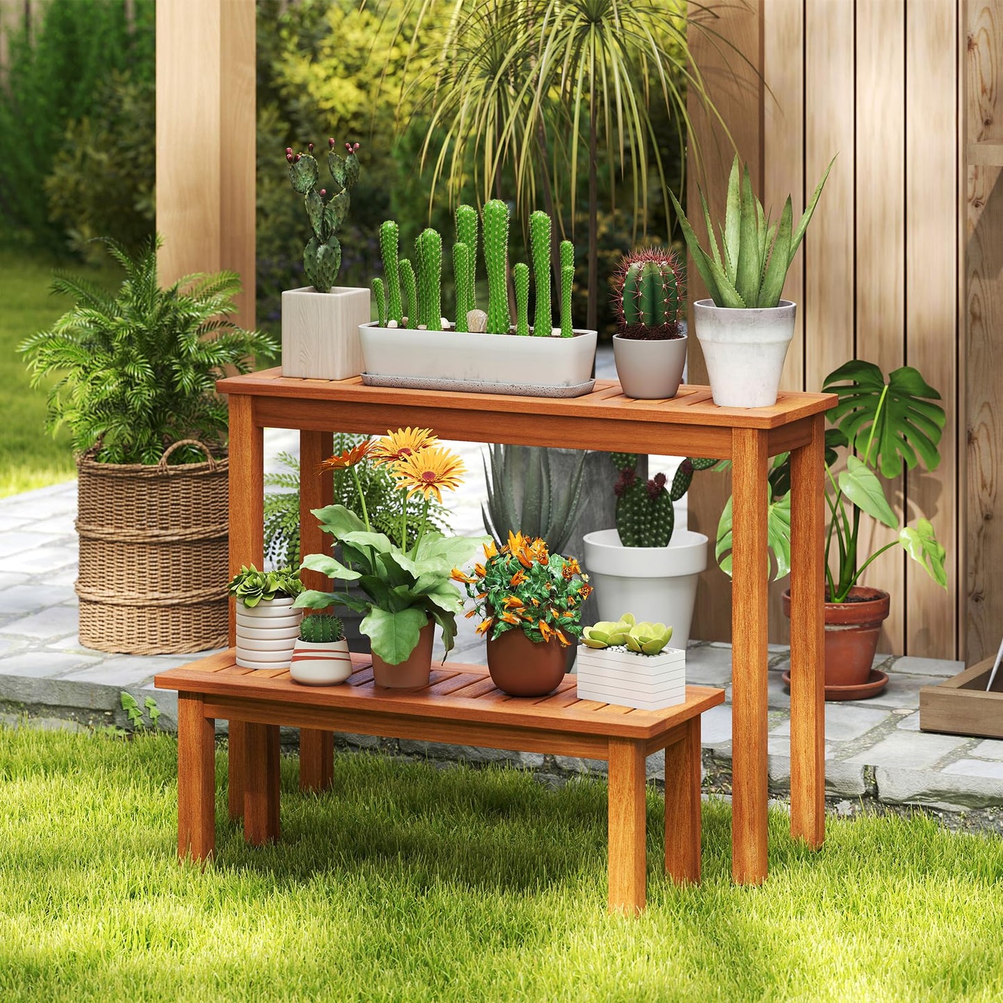 Tangkula Wooden Plant Stand Set of 2 for Patio Garden Entryway Front Porch