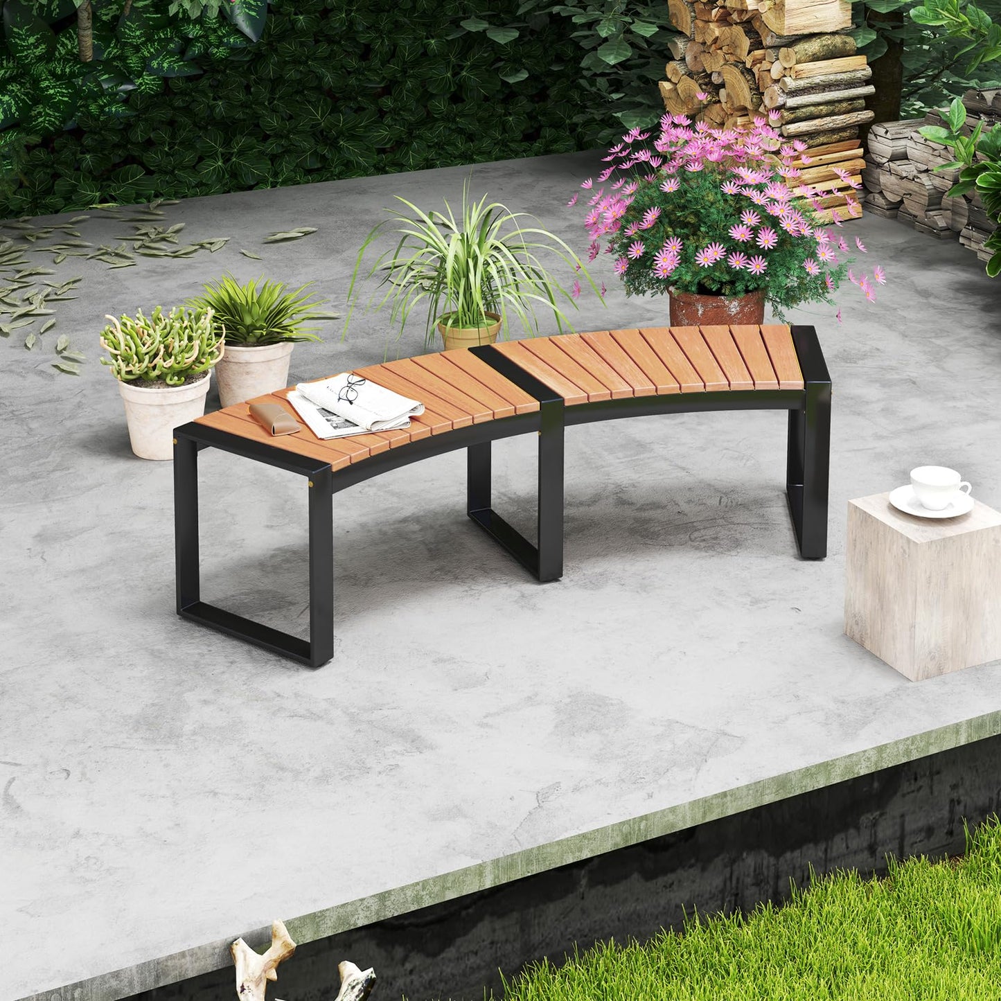 Banc de terrasse incurvé Tangkula en bois d'acacia avec assise à lattes et pieds en métal