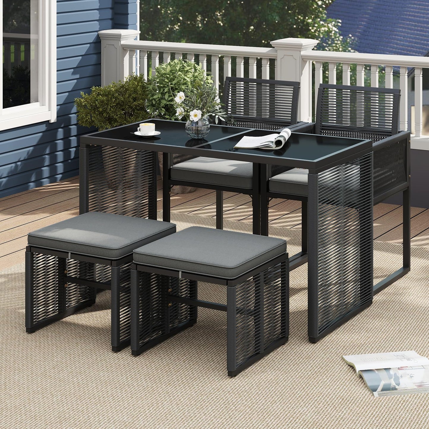Tangkula 5 Pieces PE Wicker Patio Dining Set  with Cushions
