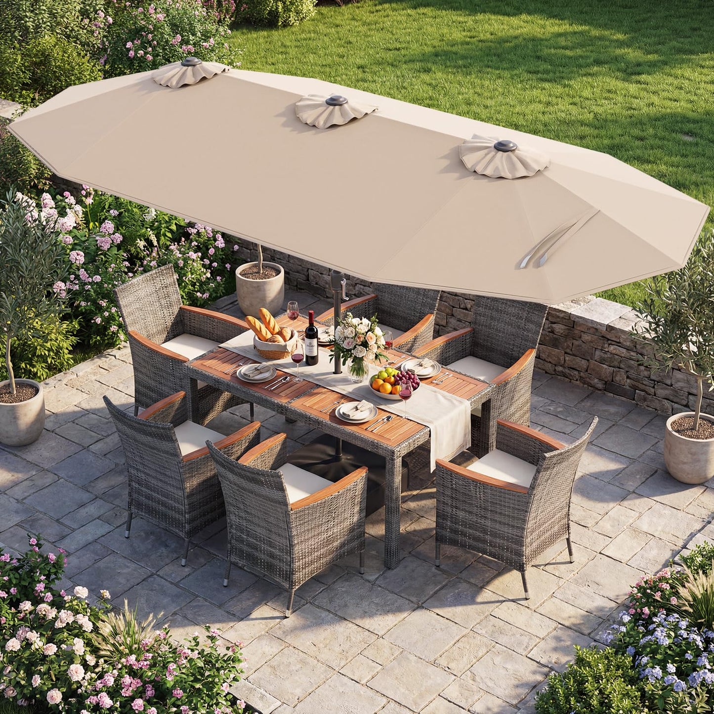 Tangkula 9 Pieces Rattan Outdoor Dining Set with 13Ft Solar Patio Umbrella for 6