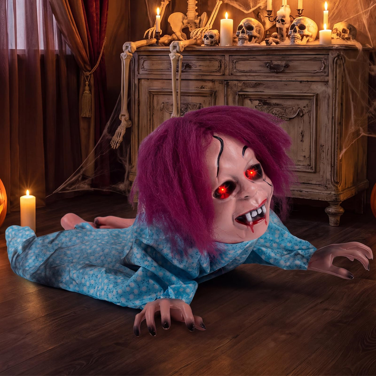 Tangkula 28" Halloween Animated Crawling Baby Doll with Glowing Eyes