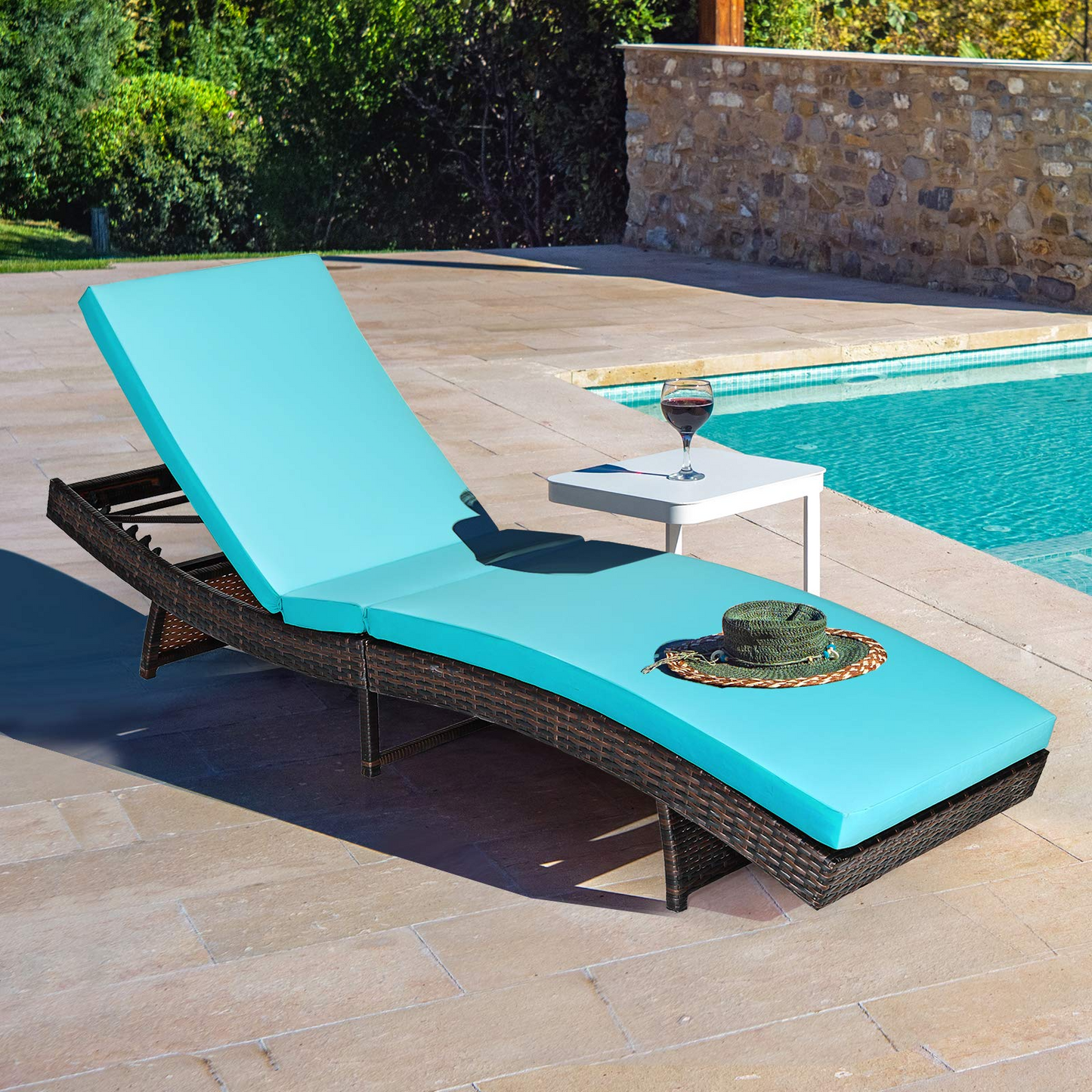 Tangkula Outdoor Folding Chaise Lounge, Rattan Patio Lounge Chair with Removable Thick Cushion, 5 Adjustable Levels