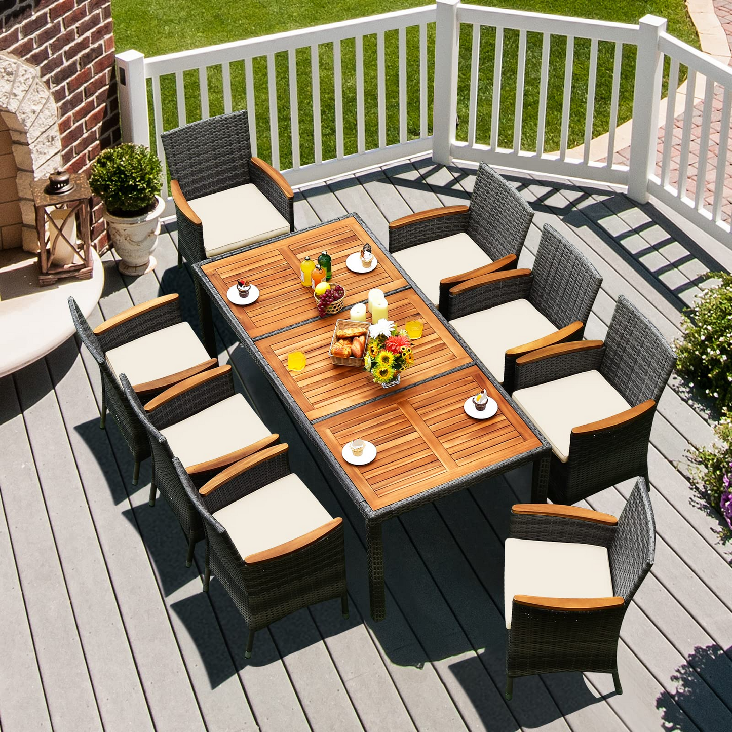 Tangkula Ensemble de salle à manger de patio 9 pièces, mobilier d'extérieur en bois d'acacia et rotin