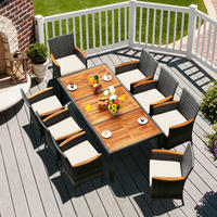 Tangkula Ensemble de salle à manger de patio 9 pièces, mobilier d'extérieur en bois d'acacia et rotin