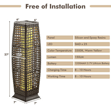 Tangkula 2-Piece Outdoor Solar Powered Floor Lamps, IP65 Waterproof Wicker Floor Lamps with Auto On/Off LED Light